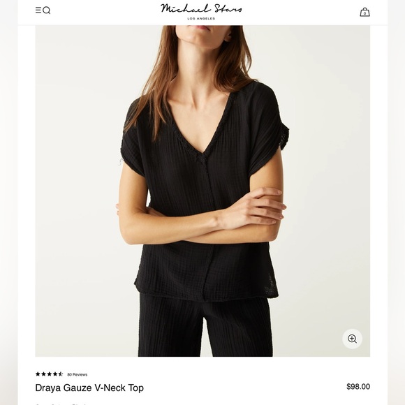 NWOT Michael Stars Draya V-Neck Frayed Edge Gauze Top Short Sleeve Black XS - Picture 2 of 14